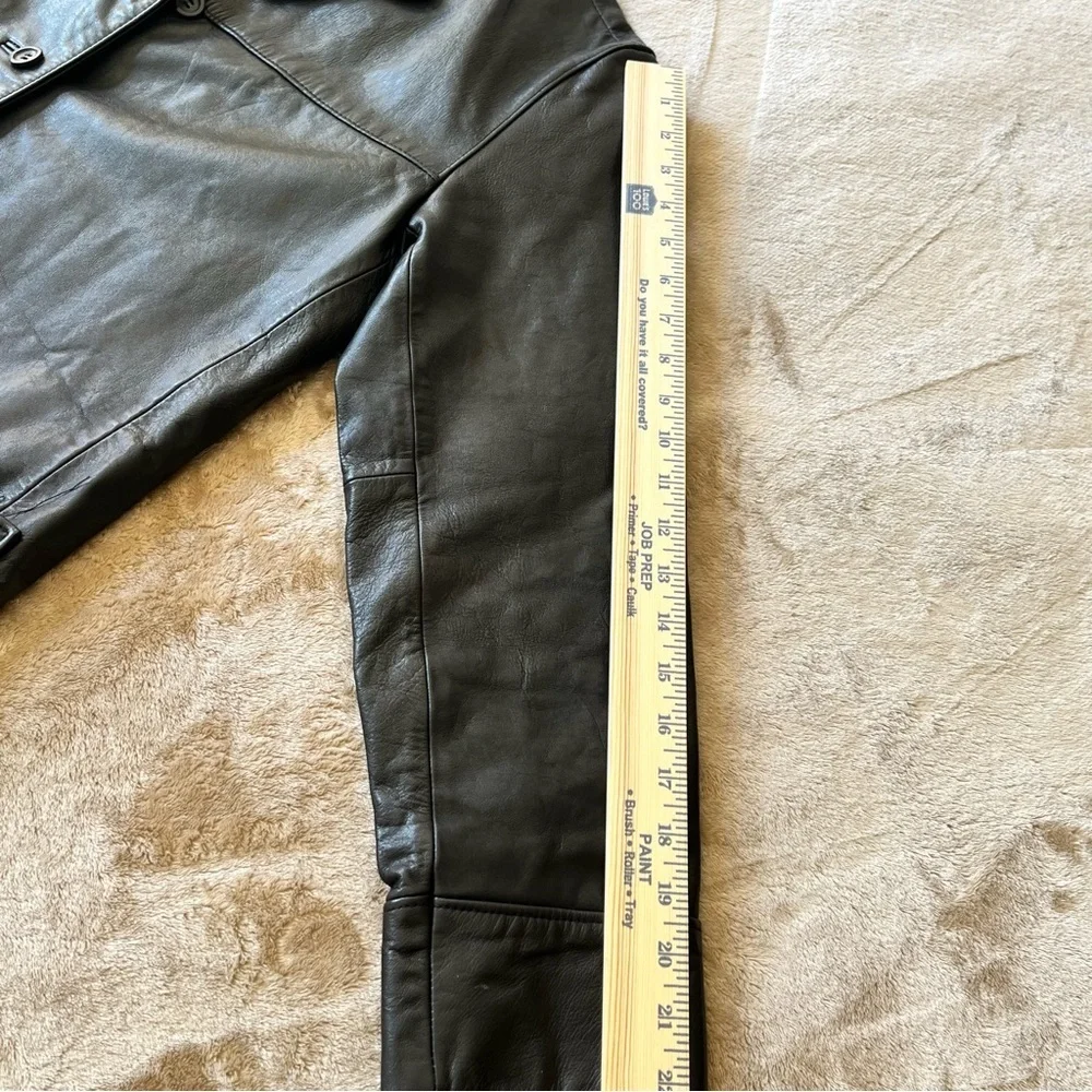 J. Crew Black Leather Car Coat Men's M Button-Up Collar Pockets Lightly Lined